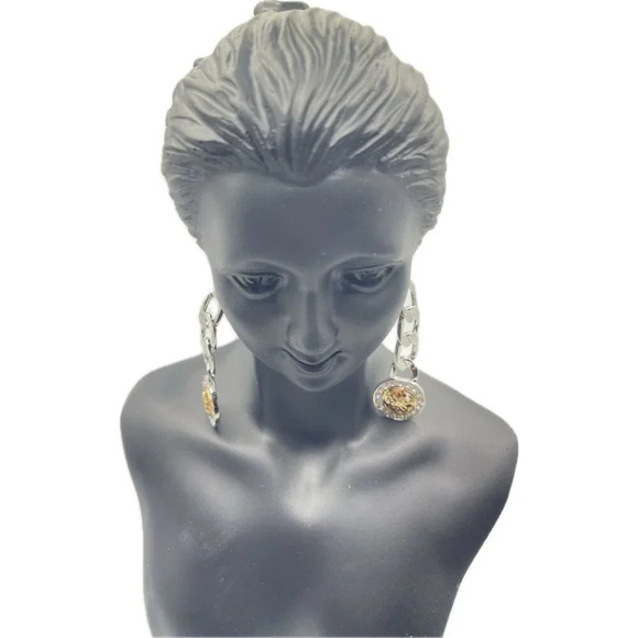 Guess Silver-Tone Chunky Chain Gold Pave Quatro G Logo Linear Drop Post Earring - Picture 3 of 5